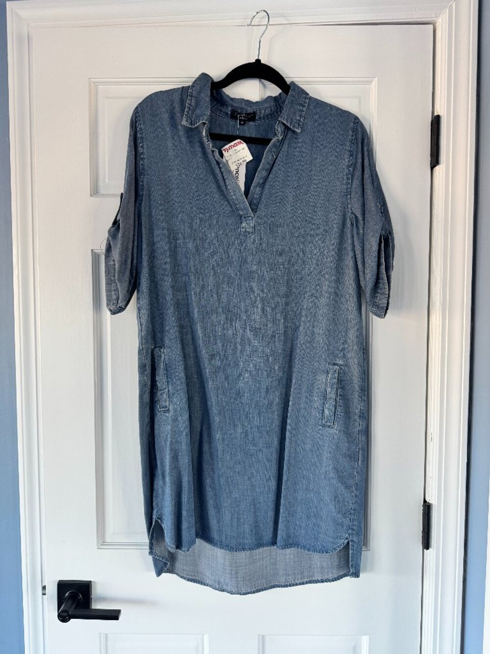 Velvet Heart Chambray Shift Dress Collared V Neck Pockets Roll Sleeve NWT Size M